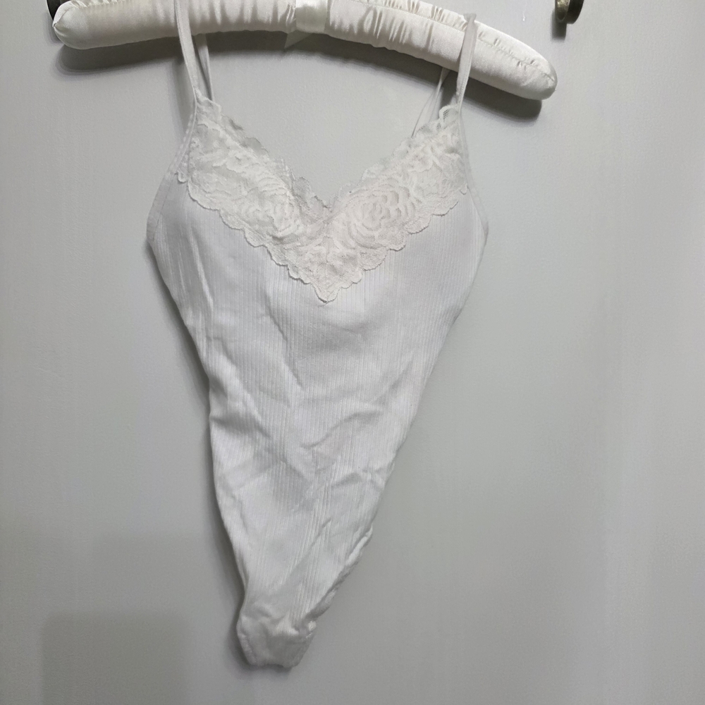 Pink White Ribbed Lacey Bodysuit Size S